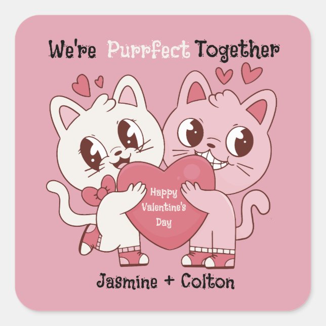 We're Purrfect Together Quadratischer Aufkleber (Vorderseite)
