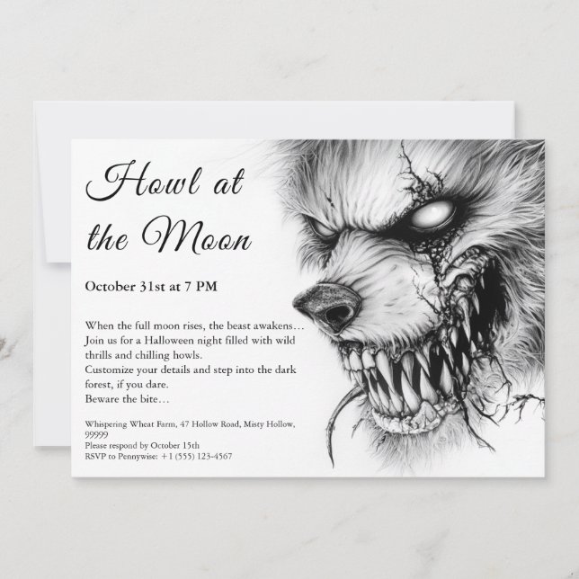 Werewolf Halloween Einladung - Vollmond-Horror (Vorderseite)