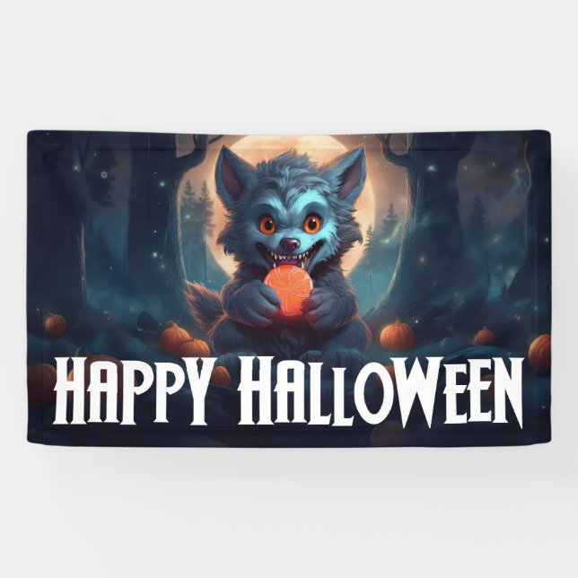 Werewolf isst Candy Happy Halloween Banner (Horizontal)