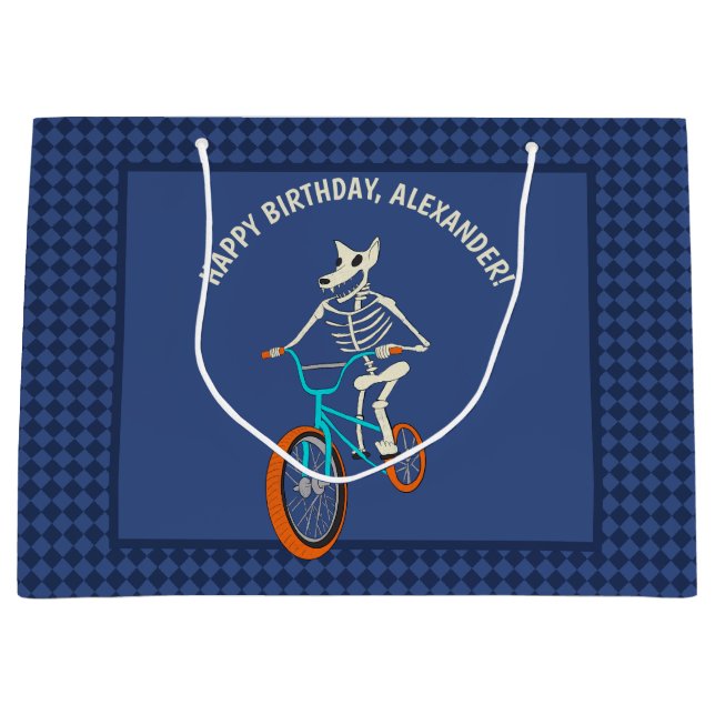 Werewolf Skeleton on a BMX Bike Boys Birthday Große Geschenktüte (Vorderseite)