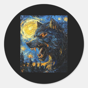 Werewolf Wolf Wolves - Van Gogh Style - Starry Nig Runder Aufkleber