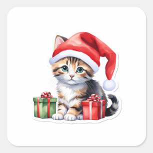 Wertvoll Brown Tabby Santa Kitten Quadratischer Aufkleber