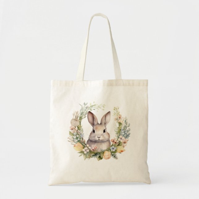Wertvoll Tan Bunny Rabbit w Spring Flowers Tragetasche (Vorne)
