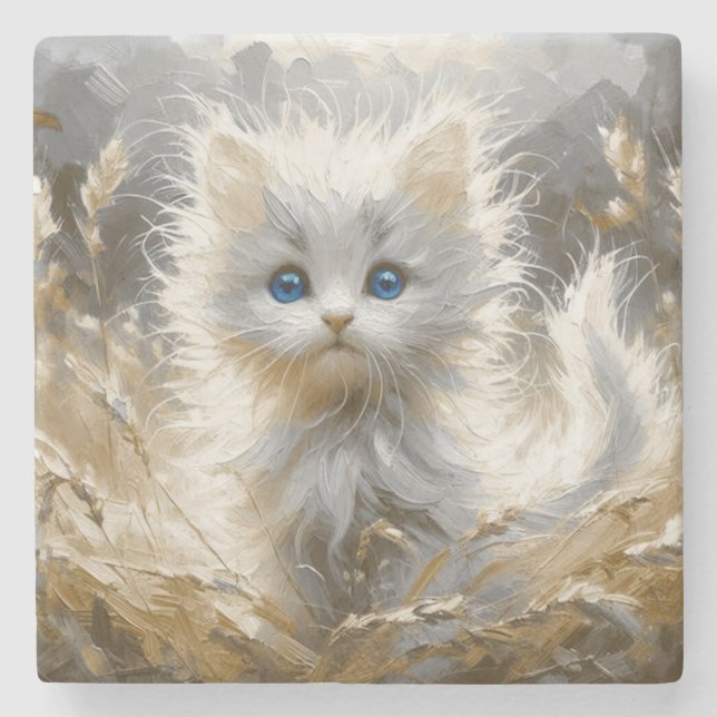 Wertvoll White Kitten Steinuntersetzer (Vorderseite)