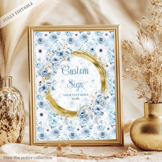 Wertvolle pastellblaue Blumen Goldschild Poster (Precious pastel blue flowers gold boho custom sign)