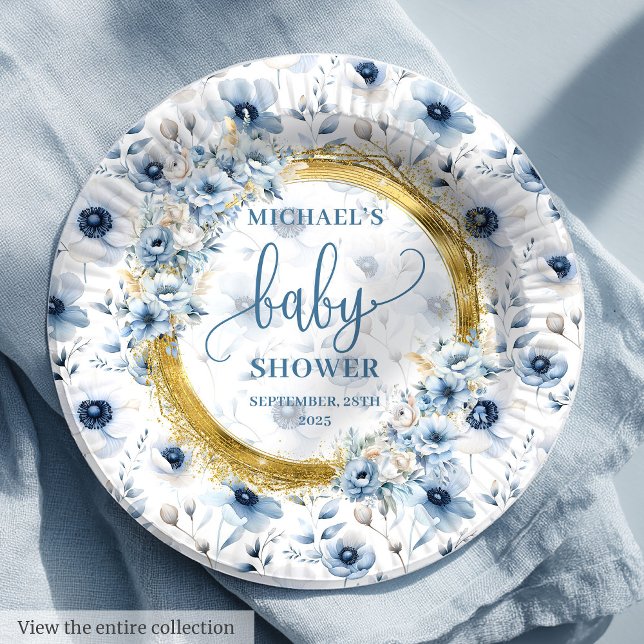 Wertvolle staubblaue Aquarellfarben-Blume Golddusc Pappteller (Precious dusty blue watercolor flowers gold shower Paper Plates)