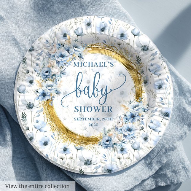 Wertvolle staubblaue Aquarellfarben-Blume Golddusc Pappteller (Precious dusty blue watercolor flowers gold shower Paper Plates)