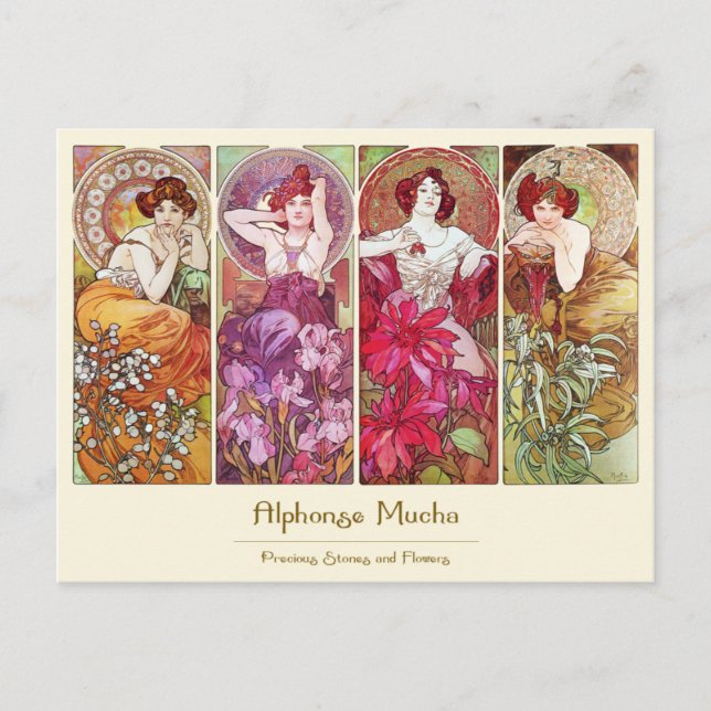 Wertvolle Steine und Blume, Alphonse Mucha Postkarte (Vorderseite)
