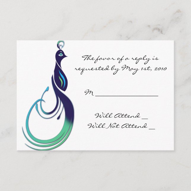 Wertvolles Pfaus bei Lila, Aquamariner, grüner Rea RSVP Karte (Vorderseite)