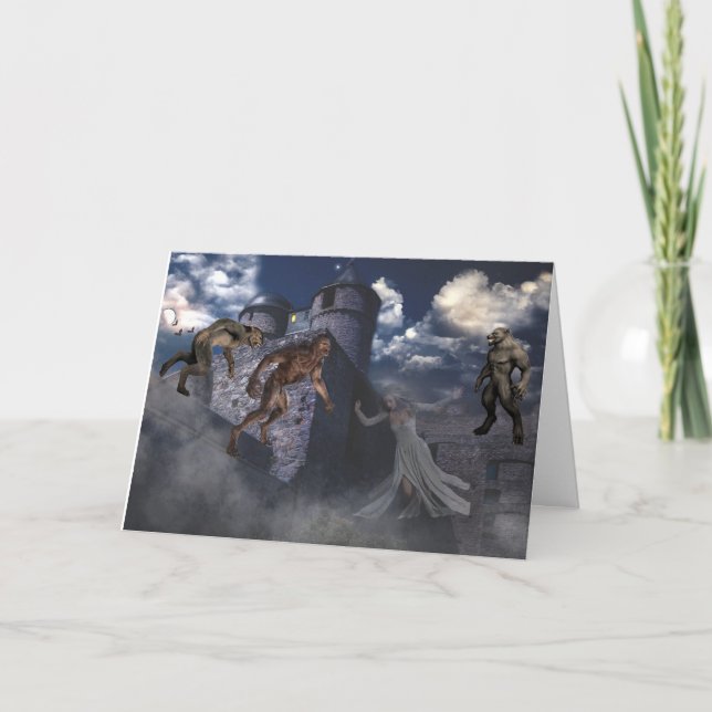 Werwölfe und Geist auf einem Castle Halloween Karte (Vorderseite)