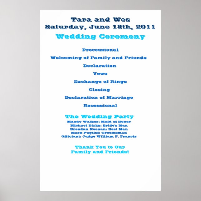 Wes and Tara Wedding Program Poster (Vorne)