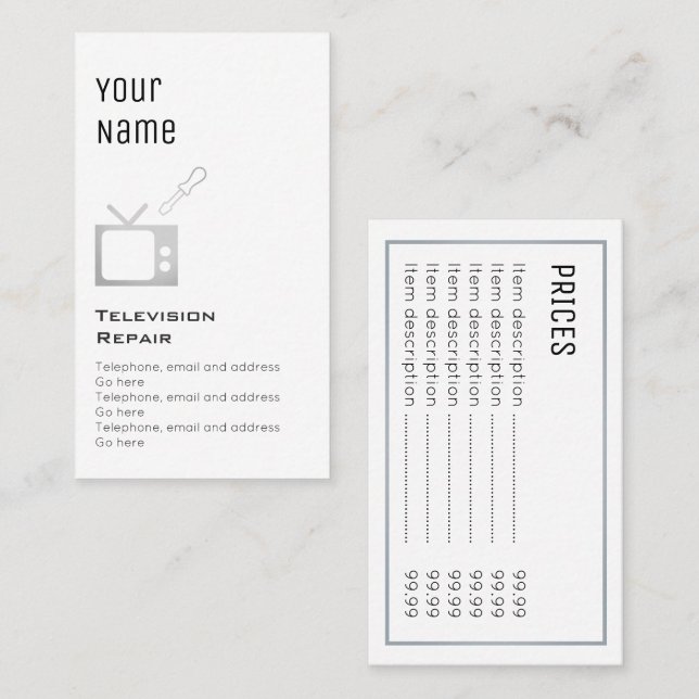 "Wesentliche" Fernsehreparatur-Preis-Karten Visitenkarte (Vorne/Hinten)