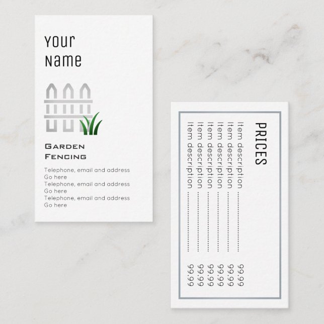 "Wesentlicher" Garten, der Preis-Karten einzäunt Visitenkarte (Vorne/Hinten)