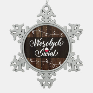 Wesołych Świąt Polen frohe Weihnachten, rustikal Schneeflocken Zinn-Ornament