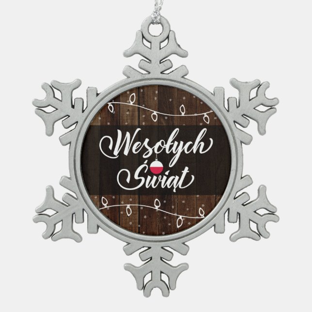 Wesołych Świąt Polen frohe Weihnachten, rustikal Schneeflocken Zinn-Ornament (Vorderseite)
