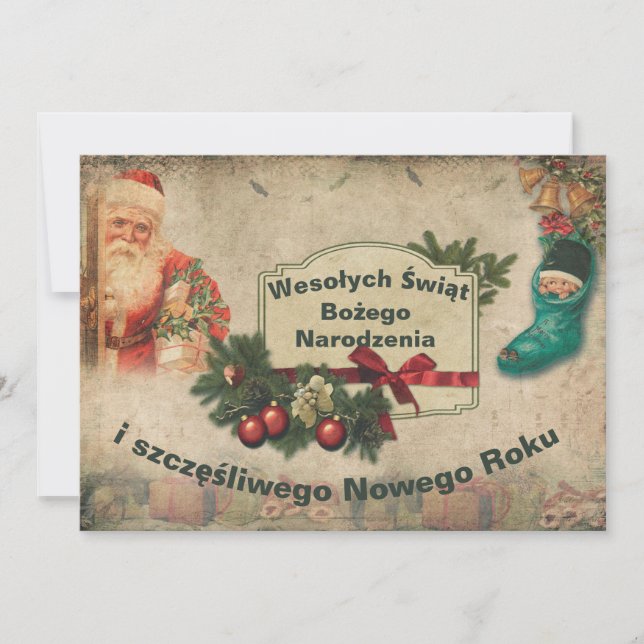 Wesołych świąt Vintage Christmas Card auf Polnisch Ankündigung (Vorderseite)