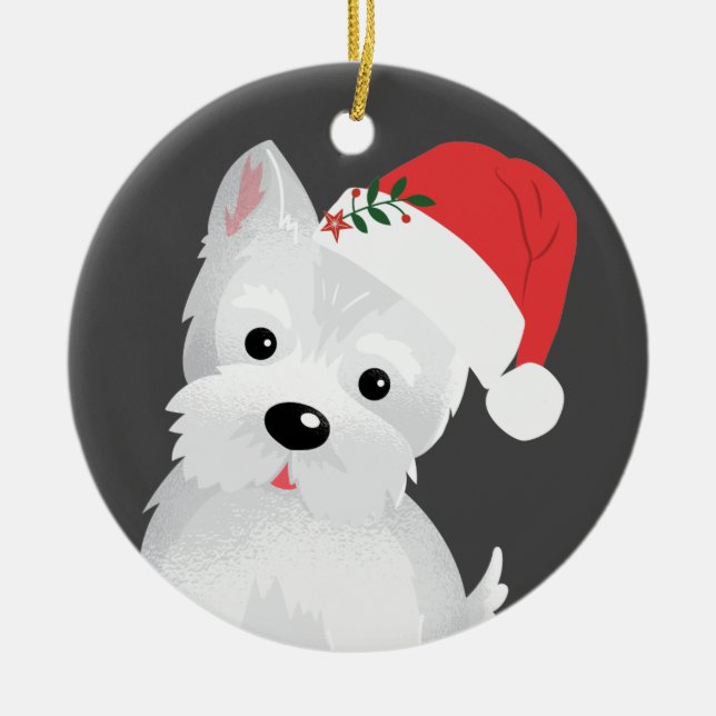 West Highland Hund mit Weihnachtsmannmütze Keramik Ornament (Vorne)