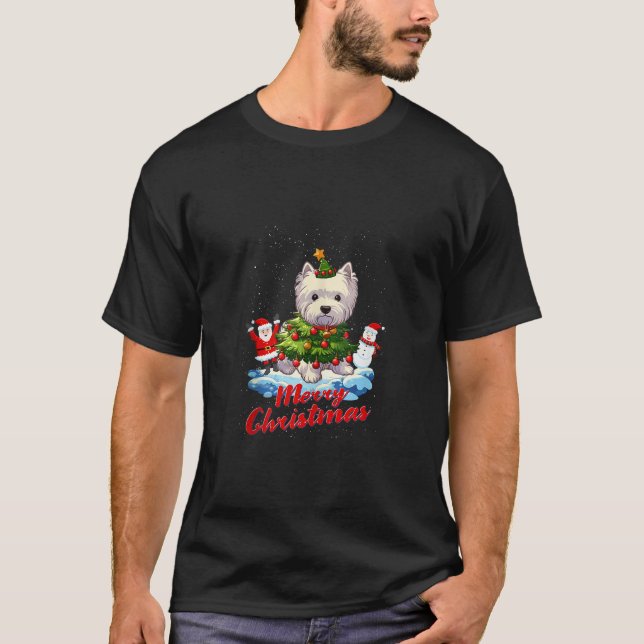 West Highland Terrier Frohe Weihnachtsbaum Lichter T-Shirt (Vorderseite)