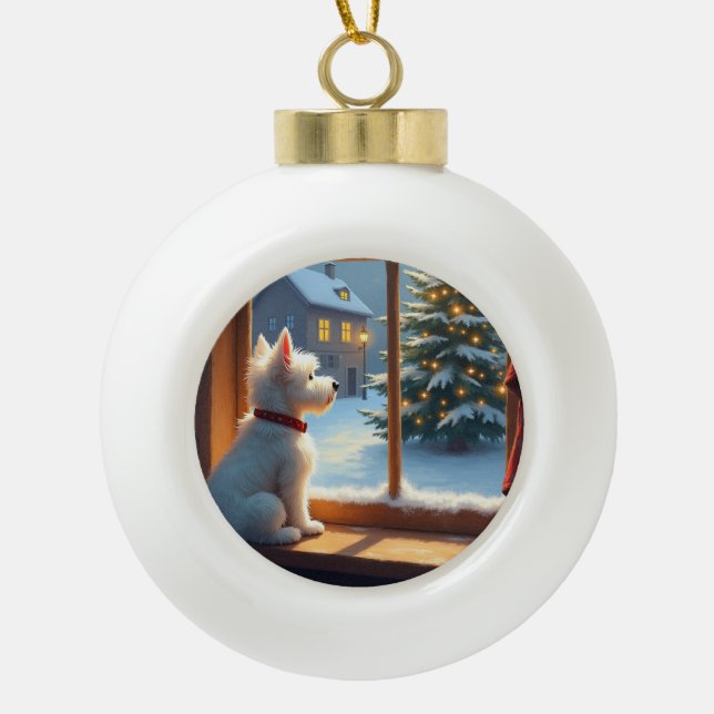 West Highland White Terrier Christmas Morning View Keramik Kugel-Ornament (Vorderseite)