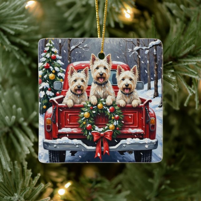 West Highland White Terrier Christmas Red Truck Keramikornament (Baum)