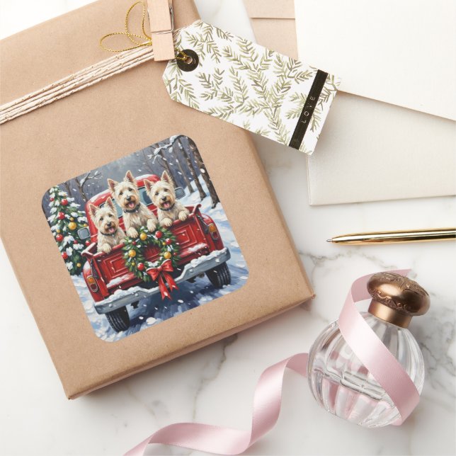 West Highland White Terrier Christmas Red Truck Quadratischer Aufkleber (Schenken)