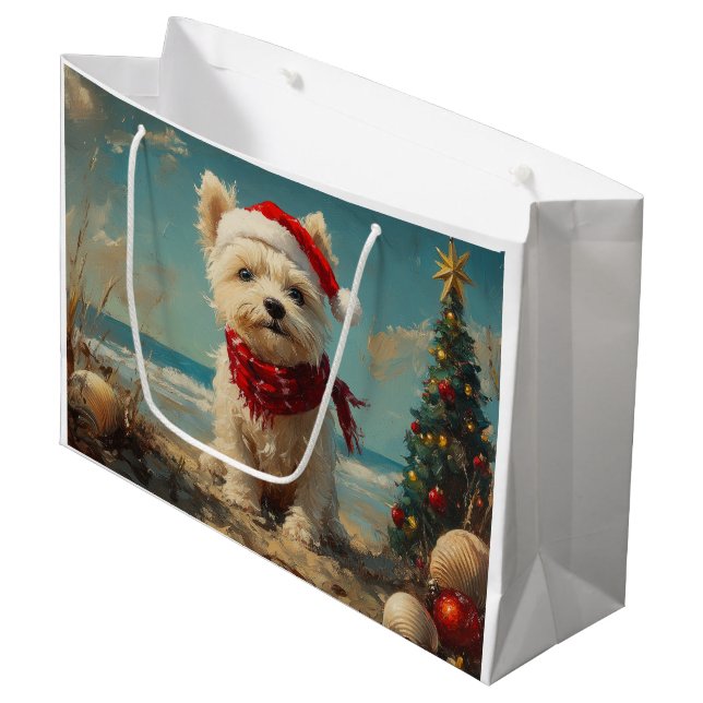 West Highland White Terrier Dog Christmas Beach Große Geschenktüte (Vorderseite Schrägansicht)
