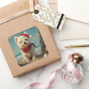 West Highland White Terrier Dog Christmas Beach Quadratischer Aufkleber