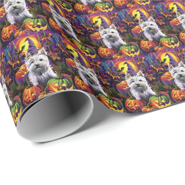 West Highland White Terrier Dog Halloween Hexe Geschenkpapier (Rolleneckpunkt)