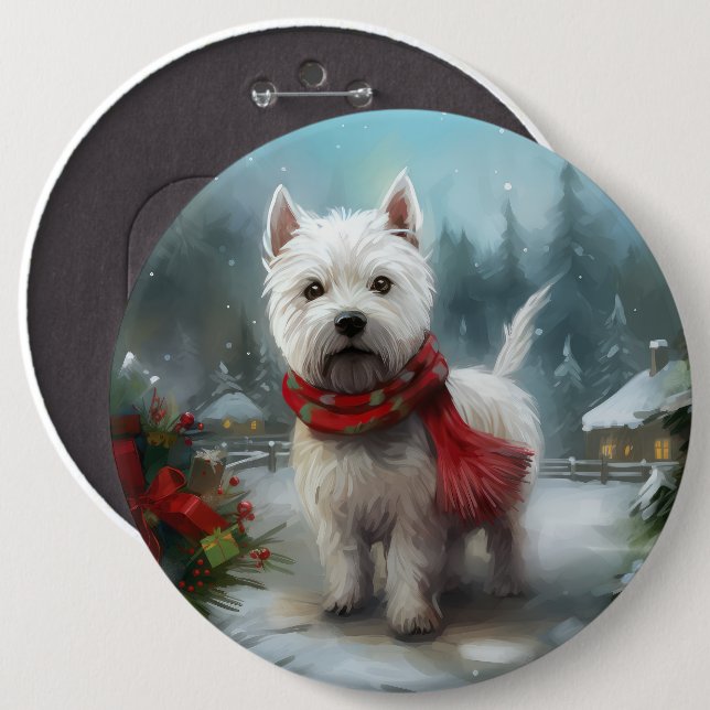 West Highland White Terrier Dog in Snow Christmas Button (Vorne & Hinten)