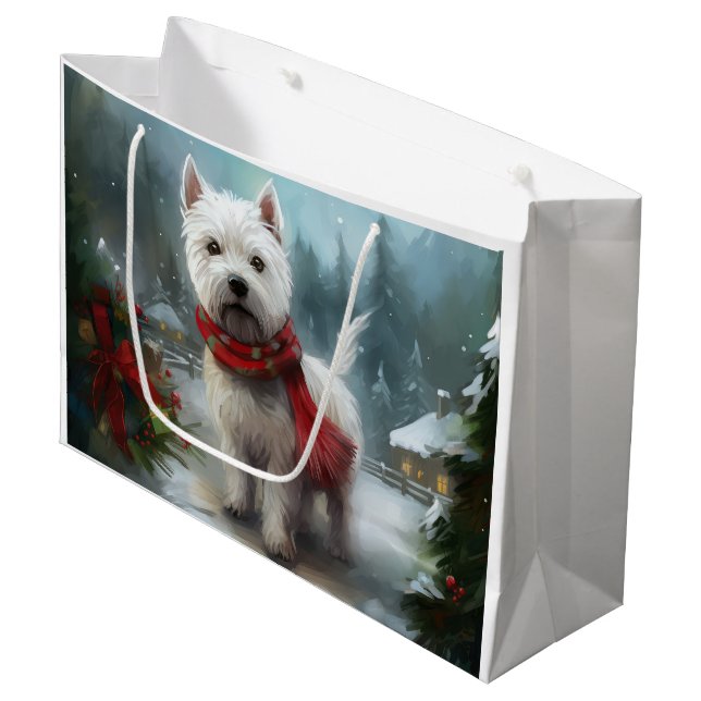 West Highland White Terrier Dog in Snow Christmas Große Geschenktüte (Vorderseite Schrägansicht)