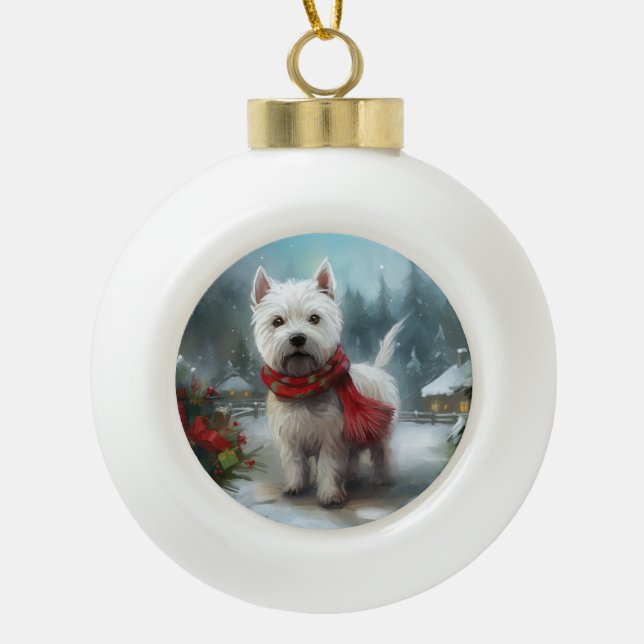 West Highland White Terrier Dog in Snow Christmas Keramik Kugel-Ornament (Vorderseite)