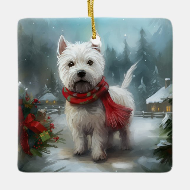 West Highland White Terrier Dog in Snow Christmas Keramikornament (Vorderseite)