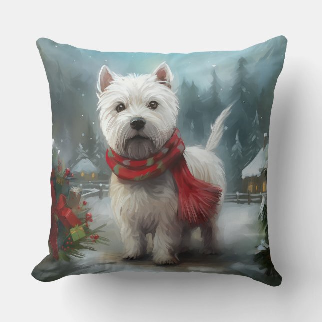West Highland White Terrier Dog in Snow Christmas Kissen (Vorderseite)