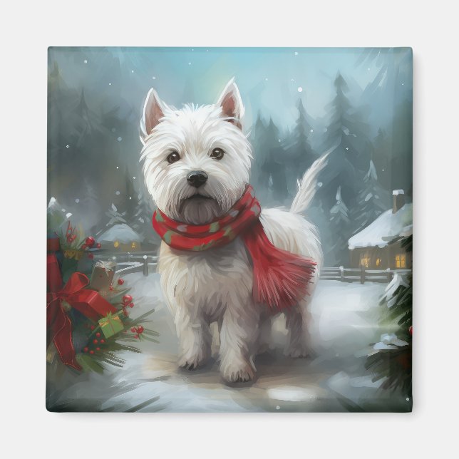 West Highland White Terrier Dog in Snow Christmas Magnet (Vorne)