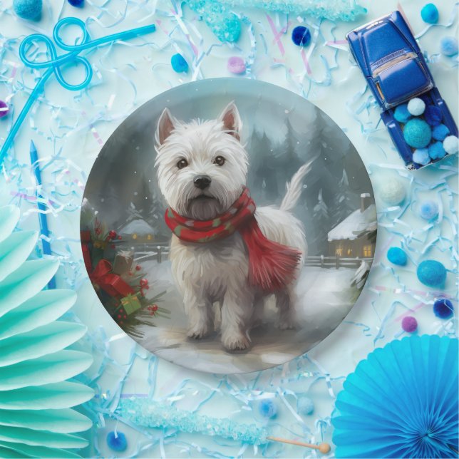 West Highland White Terrier Dog in Snow Christmas Pappteller (Party)