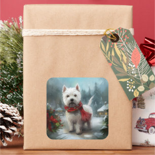 West Highland White Terrier Dog in Snow Christmas Quadratischer Aufkleber