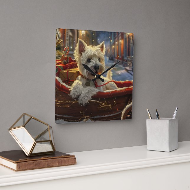 West Highland White Terrier Dog Weihnachtsfest Quadratische Wanduhr (Büro)