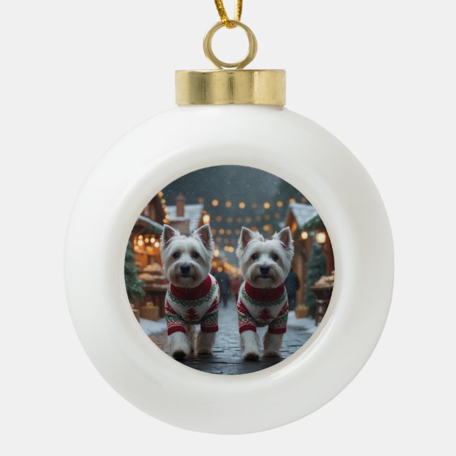 West Highland White Terrier Dogs Christmas Snow  Keramik Kugel-Ornament (Vorderseite)
