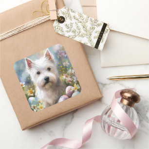 West Highland White Terrier Easter Eggs Holiday Quadratischer Aufkleber