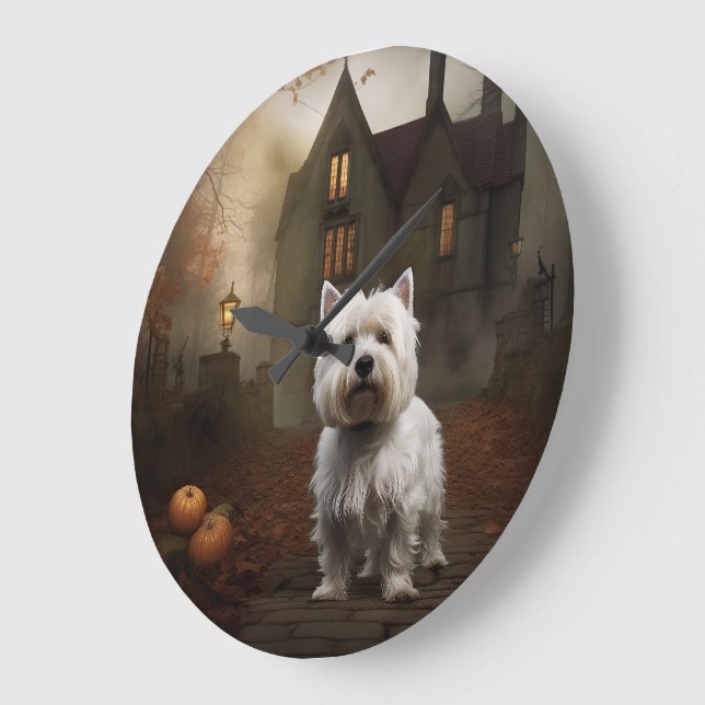 West Highland White Terrier Halloween Beängstigend Große Wanduhr (Winkel)
