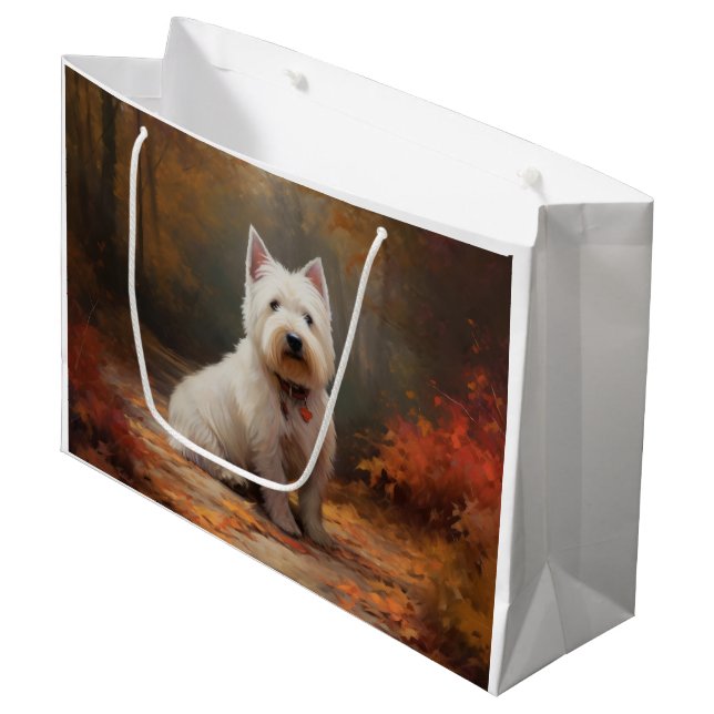 West Highland White Terrier im Herbst Leaves Fall Große Geschenktüte (Vorderseite Schrägansicht)