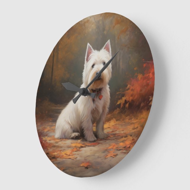 West Highland White Terrier im Herbst Leaves Fall Große Wanduhr (Winkel)