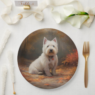 West Highland White Terrier im Herbst Leaves Fall Pappteller