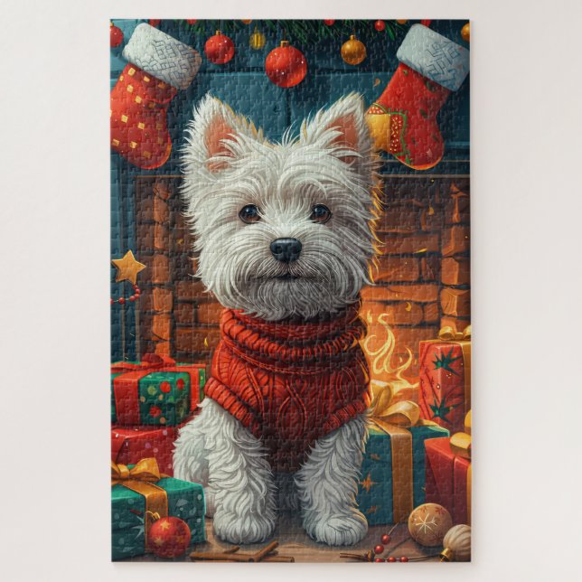 West Highland White Terrier mit Weihnachtsgeschenk Puzzle (Vertikal)