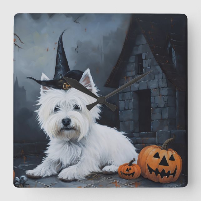 West Highland White Terrier Pumpkin Halloween Quadratische Wanduhr (Vorderseite)