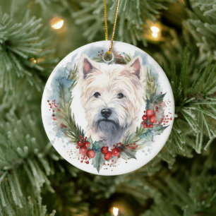 West Highland White Terrier Weihnachtskranz Keramik Ornament