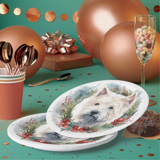 West Highland White Terrier Weihnachtskranz Pappteller (Multi)