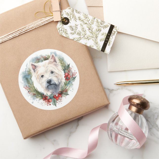 West Highland White Terrier Weihnachtskranz Runder Aufkleber (Schenken)