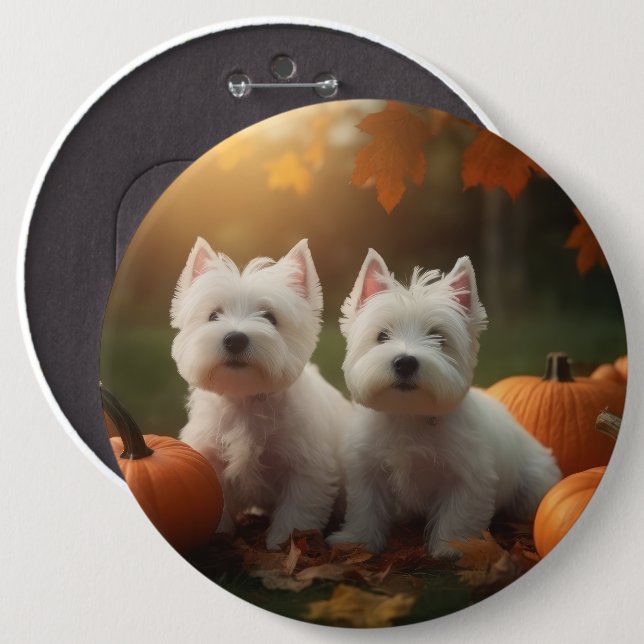 West Highland White Terrier Welppy Autumn Pumpkin Button (Vorne & Hinten)