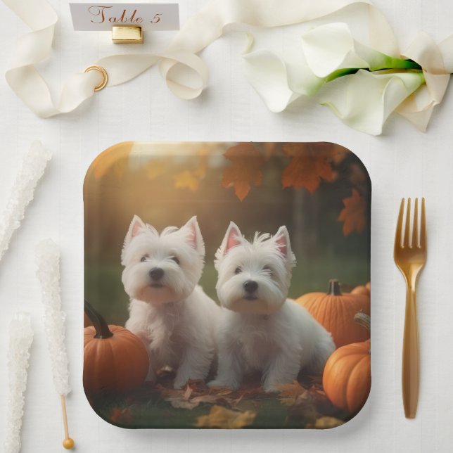 West Highland White Terrier Welppy Autumn Pumpkin Pappteller (Hochzeit)